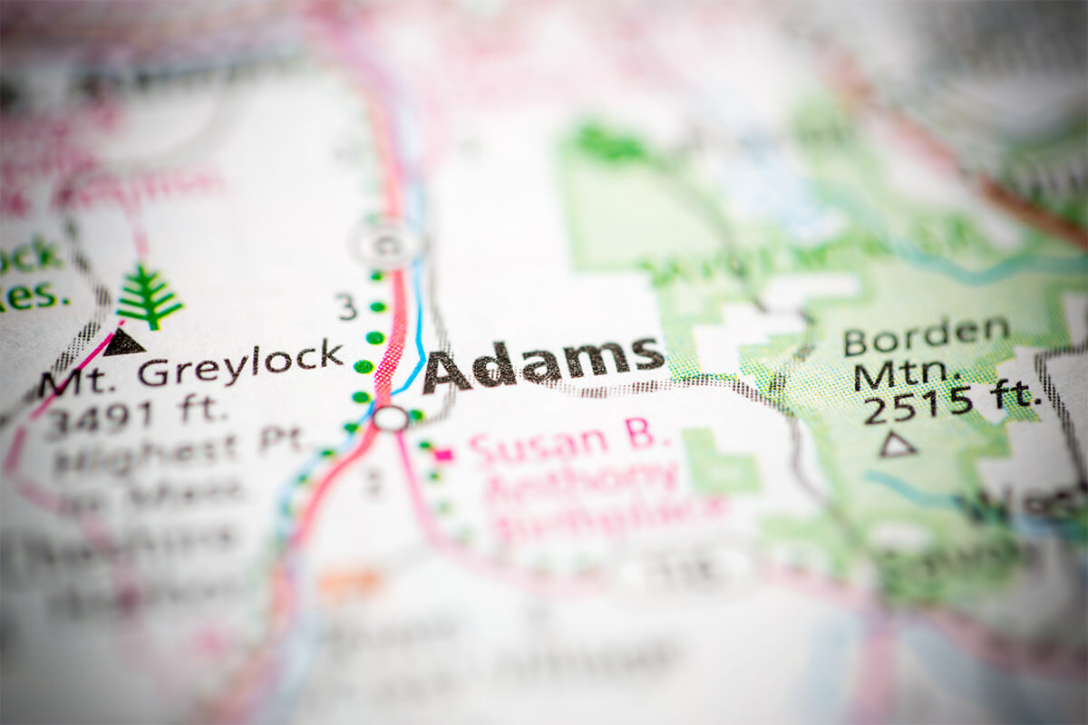 Adams, Massachusetts shown on a map