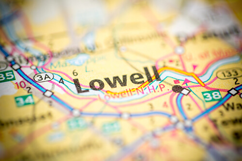 Lowell, Massachusetts located on a map